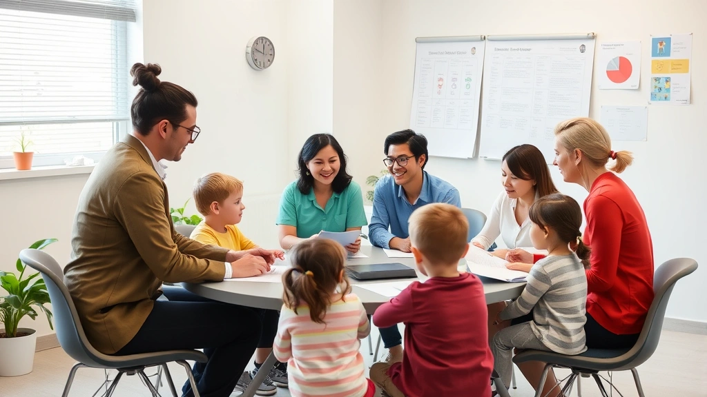 Multidisciplinary therapy team meeting with parents, reviewing progress charts and child development assessments, collaborative care planning in professional healthcare setting