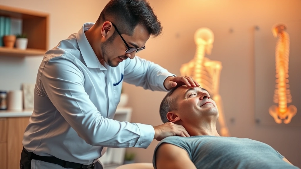 Professional chiropractor performing spinal adjustment on patient in modern clinical setting, warm lighting, patient appearing relaxed and relieved, anatomically correct spine visible in background