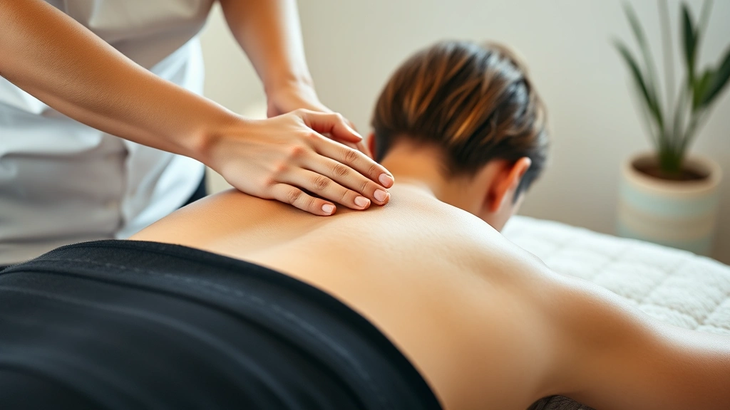 Hands-on massage therapy session showing therapist working on patient's upper back and neck muscles, therapeutic environment, focus on tension release and relaxation