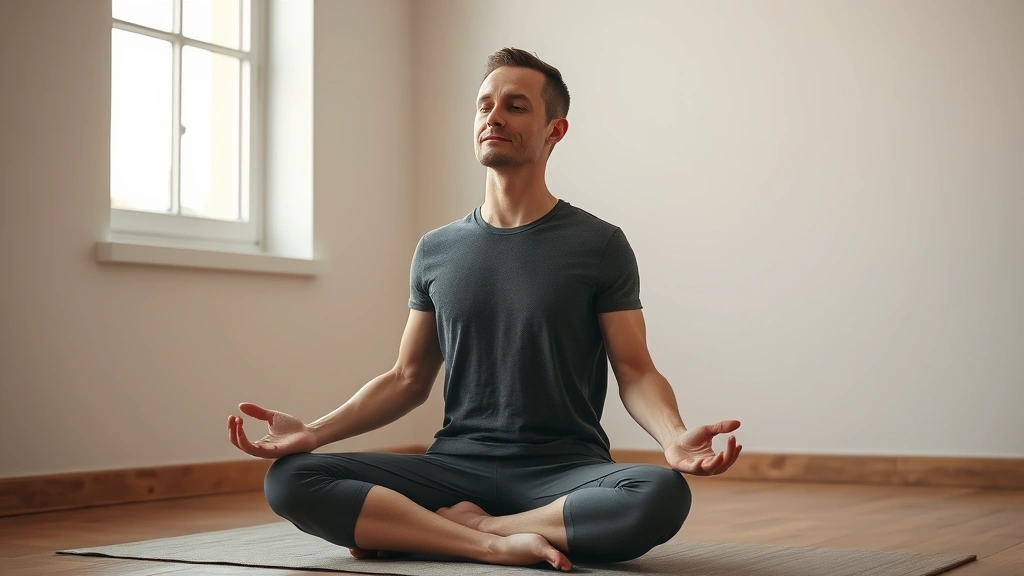 Patient sitting in meditation pose with improved posture after chiropractic treatment, peaceful expression, natural light from window, anatomical wellness visualization in subtle background