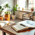 Serene counselor's office with soft natural lighting, comfortable seating arrangement, wooden desk with open journal and pen, warm earth-tone decor, peaceful plants in background, representing a safe therapeutic space