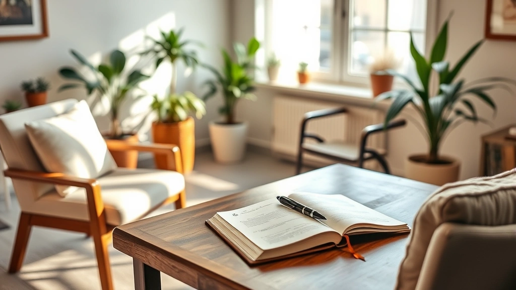 Serene counselor's office with soft natural lighting, comfortable seating arrangement, wooden desk with open journal and pen, warm earth-tone decor, peaceful plants in background, representing a safe therapeutic space