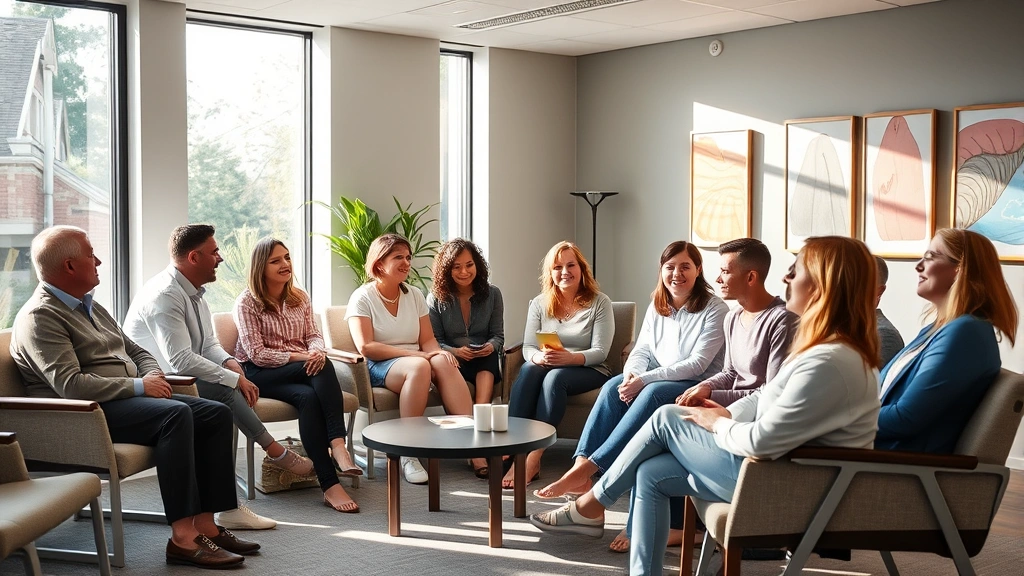 Diverse group of people in a modern mental health clinic waiting room, relaxed body language, natural light streaming through windows, contemporary art on walls, representing accessible faith-based mental health care