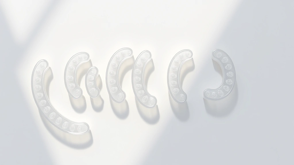Photorealistic overhead view of clear dental aligners arranged in a sequence on a white surface with soft shadow, showing progression of orthodontic treatment stages, clinical aesthetic, no text