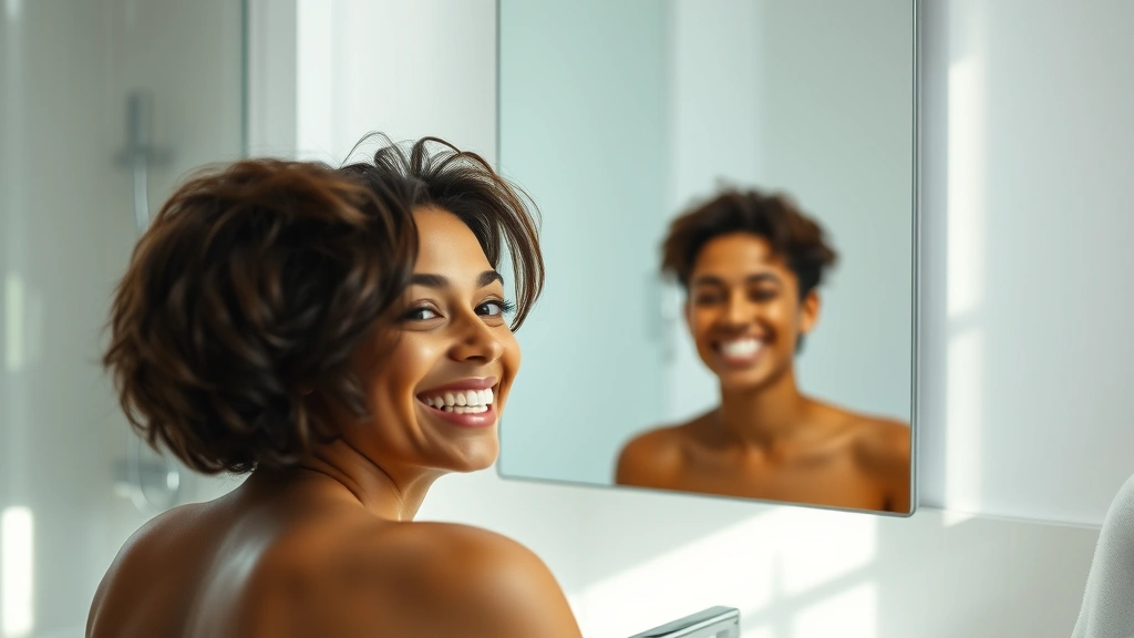 Photorealistic image of a person looking in a mirror with a genuine happy expression, soft natural lighting, showing confidence and self-appreciation, modern minimalist bathroom setting, no visible text