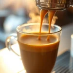 Close-up of freshly brewed espresso with rich crema and steam rising, warm sunlight illuminating the cup, minimalist coffee shop setting with blurred background