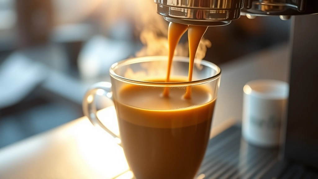 Close-up of freshly brewed espresso with rich crema and steam rising, warm sunlight illuminating the cup, minimalist coffee shop setting with blurred background