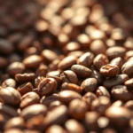 Freshly roasted coffee beans in warm sunlight showing rich brown colors and detail, shallow depth of field, close-up macro photography style