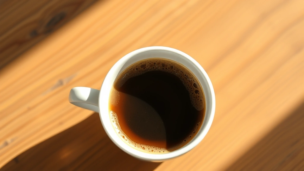 Close-up of freshly brewed espresso with rich crema in a white ceramic cup on a minimalist wooden surface, steam rising, natural morning light, warm tones, photorealistic, no text or letters visible