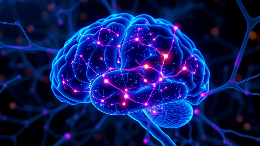 Brain neural network visualization showing neurotransmitter pathways lighting up in blues and purples, caffeine molecules highlighted in amber, abstract neuroscience concept