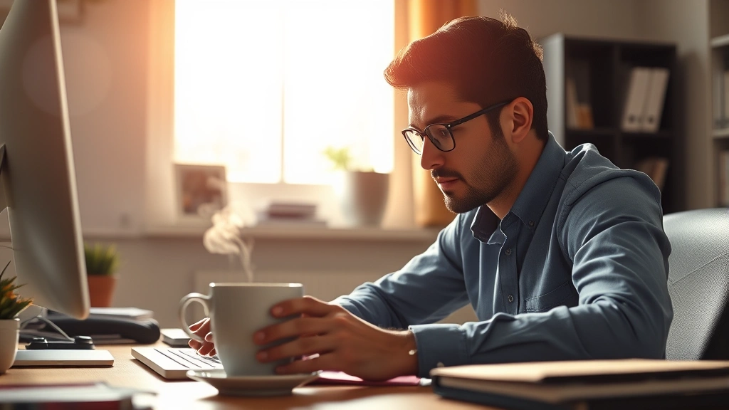 Person focused on work at desk with steaming coffee cup nearby, natural morning light from window, professional environment, photorealistic
