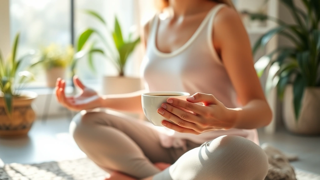 Person meditating peacefully with coffee cup held in both hands, morning sunlight through window, serene home environment with plants, mindful wellness atmosphere