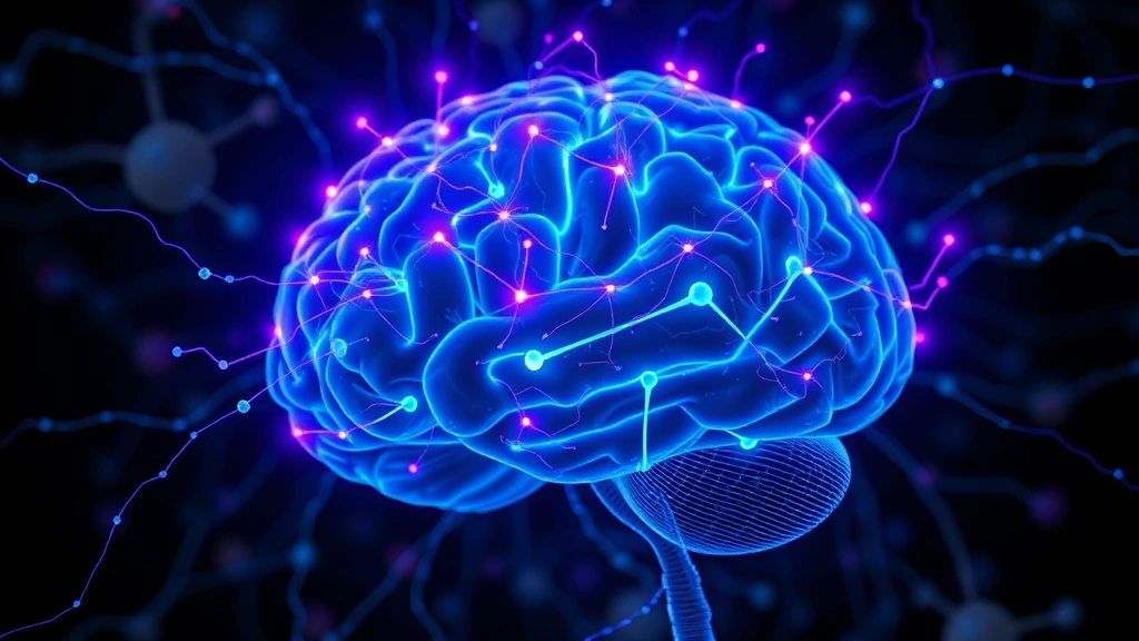 Brain visualization with neural connections lighting up, representing cognitive enhancement, vibrant blues and purples, scientific illustration style