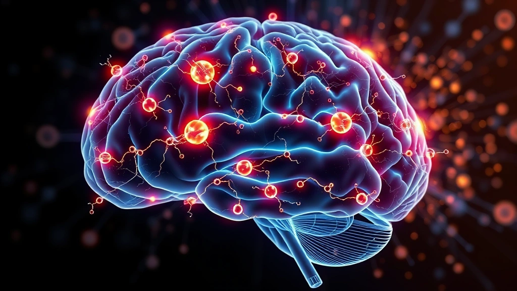 Brain illustration with glowing neural pathways and dopamine molecules, abstract scientific visualization showing caffeine's neurochemical effects, modern medical illustration style, no text overlay, vibrant colors against dark background