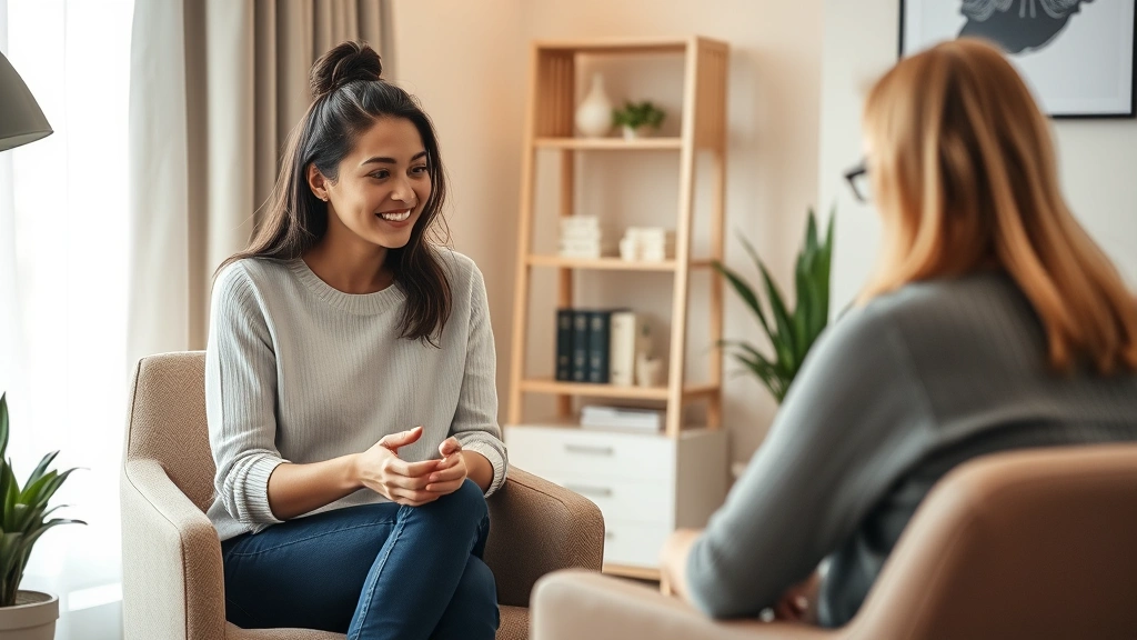 Person in therapy session with compassionate therapist, modern clinical office setting, warm lighting, therapeutic environment, professional mental health care