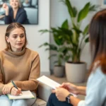 A calm, focused woman in a modern therapy office setting, sitting comfortably while a professional therapist takes notes. Warm, neutral lighting, professional environment, therapeutic atmosphere, no visible anxiety, peaceful expression, modern furniture, plants in background