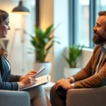 Professional female therapist in modern office taking notes during counseling session with calm patient, warm lighting, supportive environment, no visible screens or text