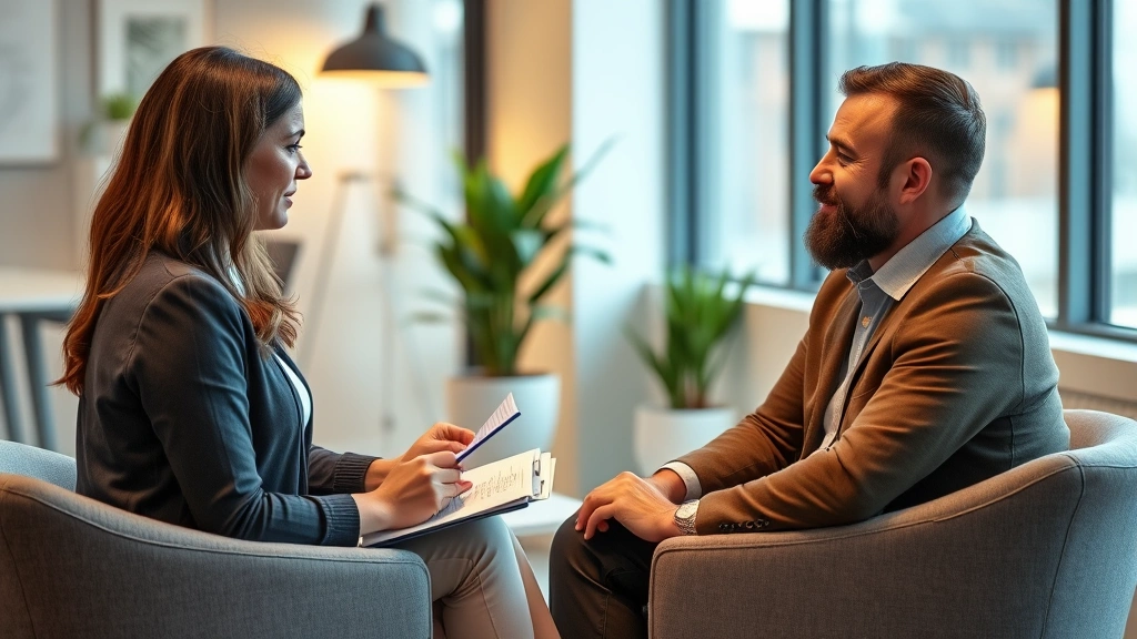 Professional female therapist in modern office taking notes during counseling session with calm patient, warm lighting, supportive environment, no visible screens or text