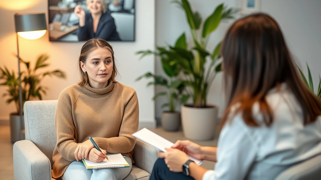 A calm, focused woman in a modern therapy office setting, sitting comfortably while a professional therapist takes notes. Warm, neutral lighting, professional environment, therapeutic atmosphere, no visible anxiety, peaceful expression, modern furniture, plants in background