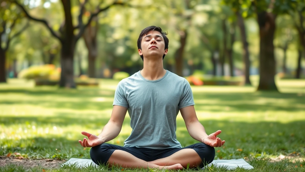 Person practicing deep breathing meditation in peaceful park setting surrounded by nature, sitting peacefully with eyes closed, serene expression, natural daylight