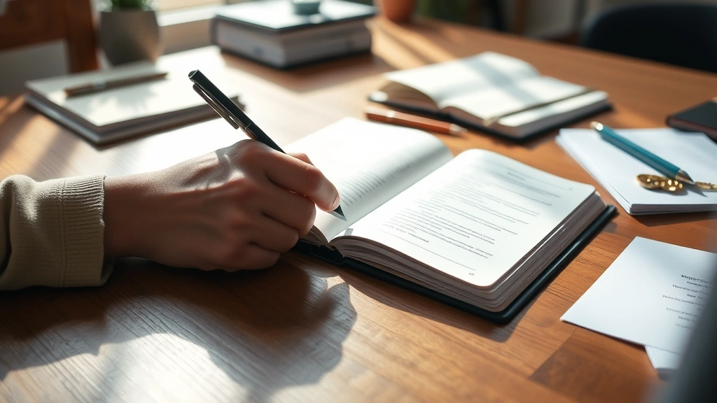 Close-up of a person's hands writing in a therapy journal with a pen, notebook open on a wooden table, natural daylight streaming in, peaceful workspace, organized desk with self-help materials visible, reflective and mindful mood, no people faces visible