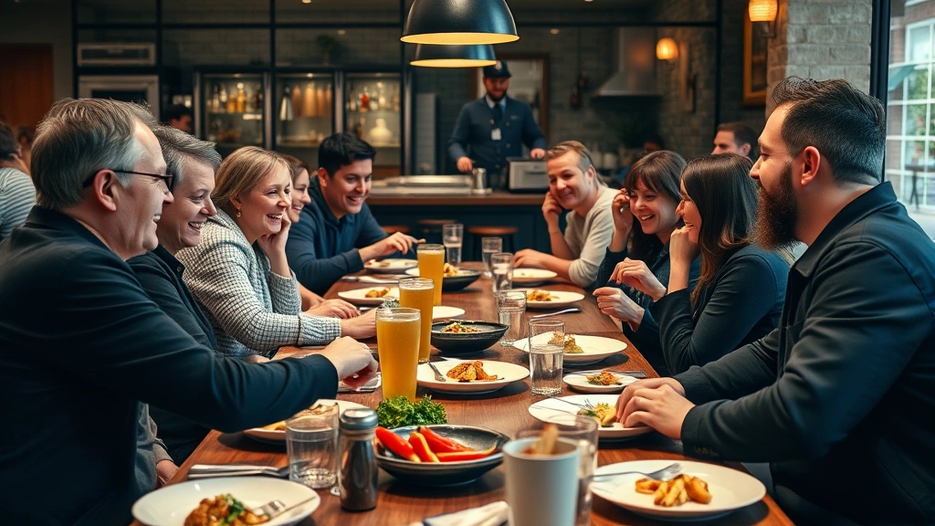 Diverse group of people enjoying meals together at restaurant table laughing and talking, warm ambiance, no visible food preparation or concerning content