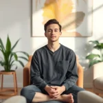 A serene person sitting in a comfortable therapy office with soft natural lighting, appearing calm and centered during a mental health session, with abstract calming colors in the background