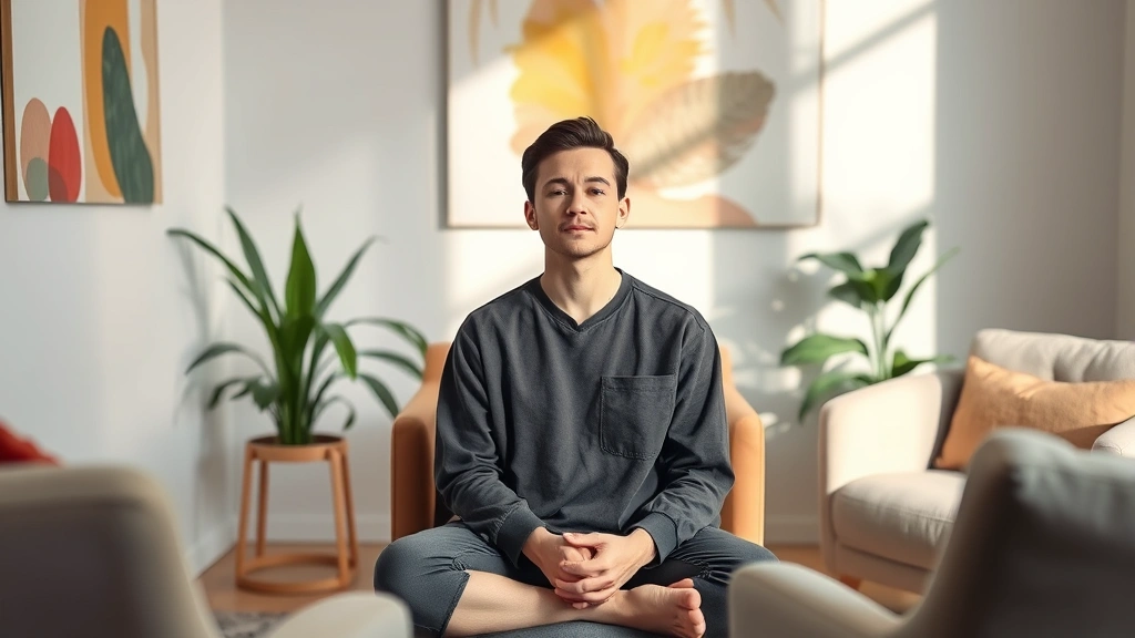 A serene person sitting in a comfortable therapy office with soft natural lighting, appearing calm and centered during a mental health session, with abstract calming colors in the background