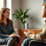 Female therapist and male patient in modern office discussing mental health during cognitive behavioral therapy session, warm professional setting with natural light