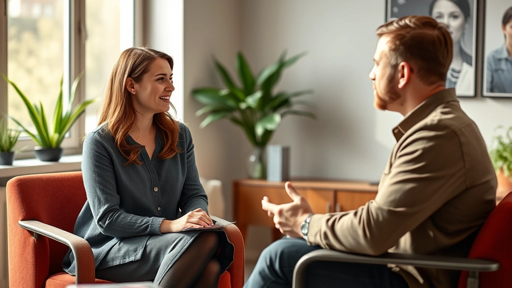 Female therapist and male patient in modern office discussing mental health during cognitive behavioral therapy session, warm professional setting with natural light