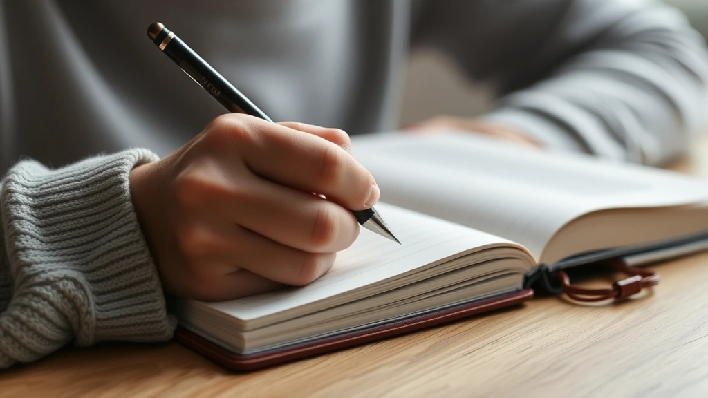 Close-up of thoughtful person writing in journal during therapy homework, pen on notebook with mindful expression, therapeutic self-reflection