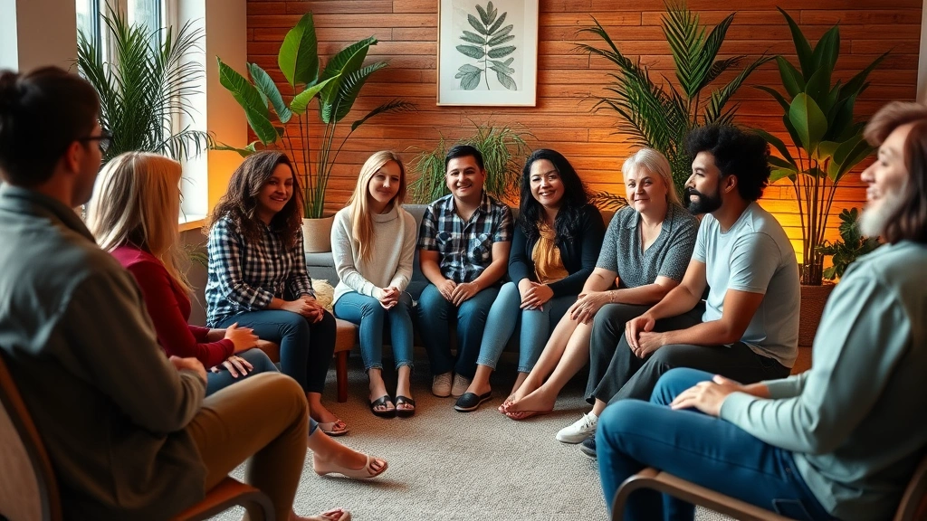 Diverse group of people in calming therapy group setting, sitting in circle, supportive environment with plants and soft lighting, mental health community