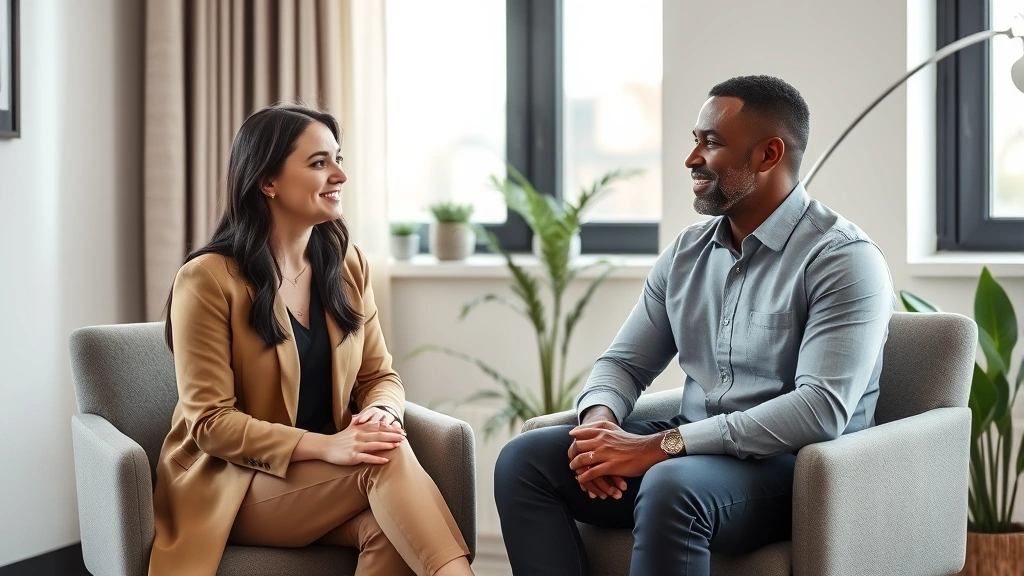 Professional female therapist with diverse male client in modern therapy office, calm neutral colors, natural window lighting, both seated comfortably, therapeutic alliance evident, no visible screens or text