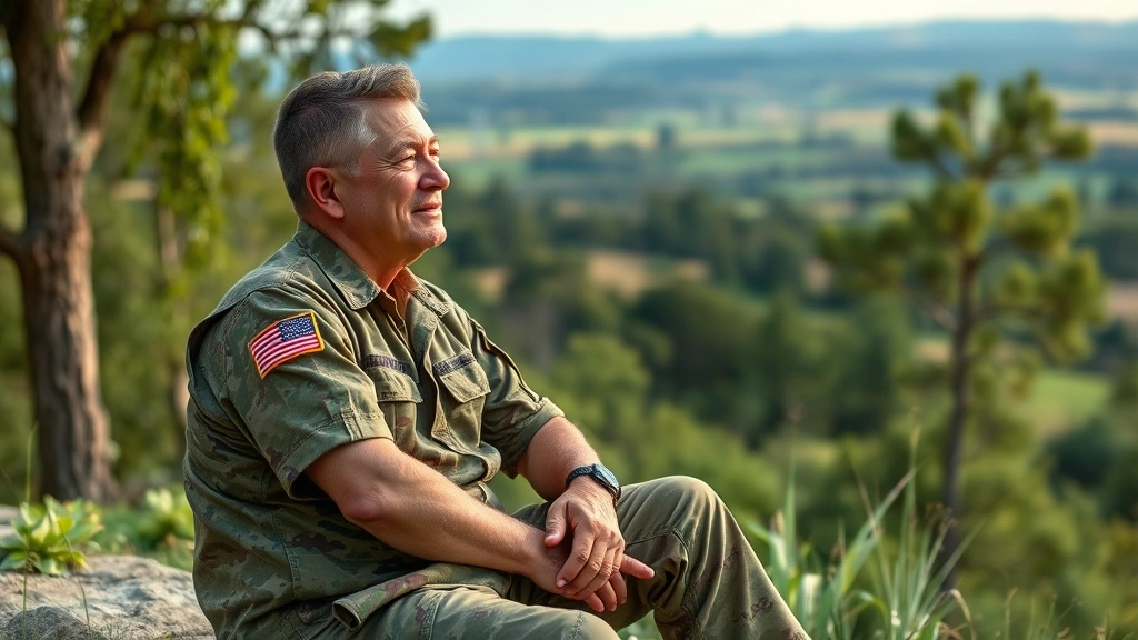 Military veteran in civilian clothes sitting in peaceful outdoor setting overlooking landscape, contemplative peaceful expression, representing recovery and healing from combat trauma, natural lighting