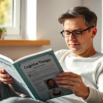 A person sitting comfortably with a cognitive therapy book, natural window light, peaceful expression, warm home setting, focused on reading, soft neutral tones, photorealistic professional quality