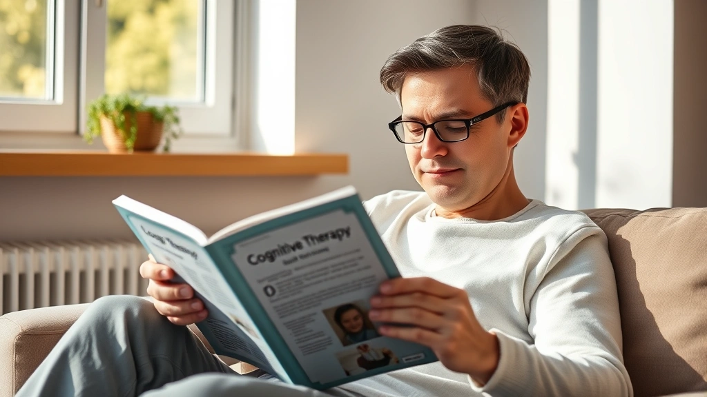 A person sitting comfortably with a cognitive therapy book, natural window light, peaceful expression, warm home setting, focused on reading, soft neutral tones, photorealistic professional quality