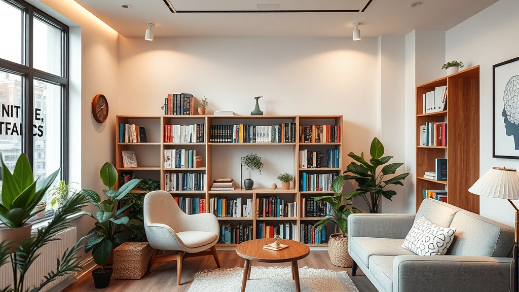 Modern therapy office interior with shelves of cognitive therapy and psychology books, comfortable seating area, warm lighting, plants, professional peaceful environment, no people visible, high quality photograph