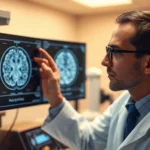 Neuroscientist examining brain scan imaging showing amygdala and prefrontal cortex activation patterns, professional laboratory setting with advanced neuroimaging equipment, clinical precision, warm lighting