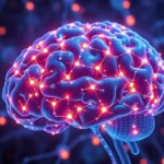 Brain neural network visualization showing interconnected neurons with warm amber and blue light patterns, representing implicit memory systems and emotional pathways, photorealistic 3D rendering, no text or labels