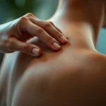 Close-up of hands performing coining therapy technique on shoulder area using traditional coin with warm lighting and blurred background, therapeutic setting atmosphere
