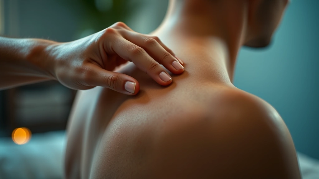 Close-up of hands performing coining therapy technique on shoulder area using traditional coin with warm lighting and blurred background, therapeutic setting atmosphere