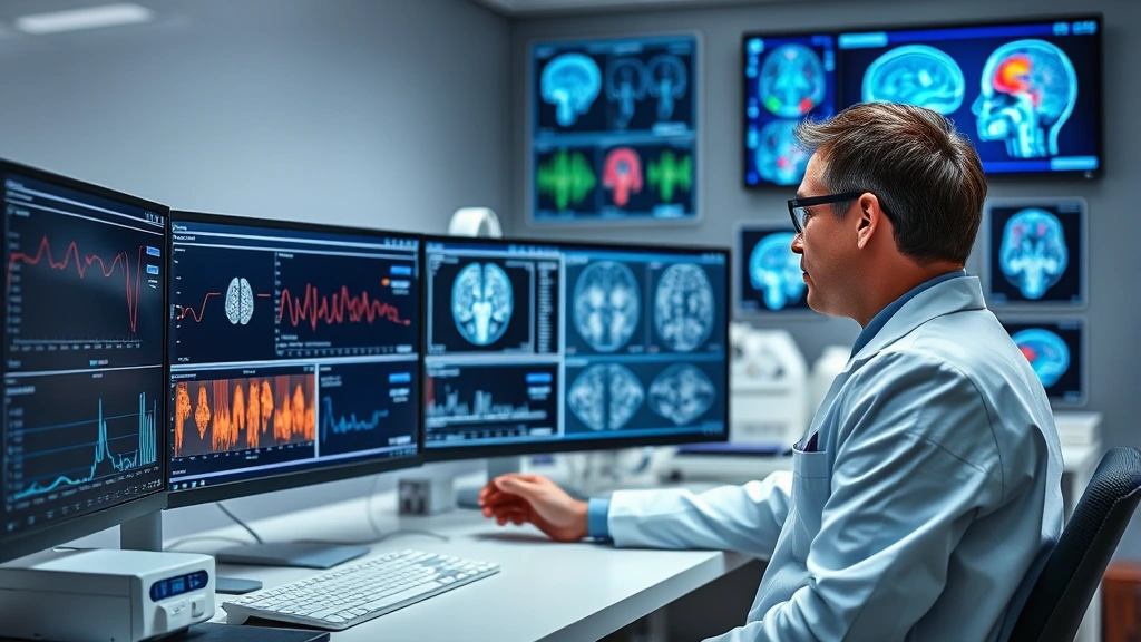 Modern clinical research laboratory with scientist examining data on monitors showing physiological measurements and brain imaging scans, professional medical environment
