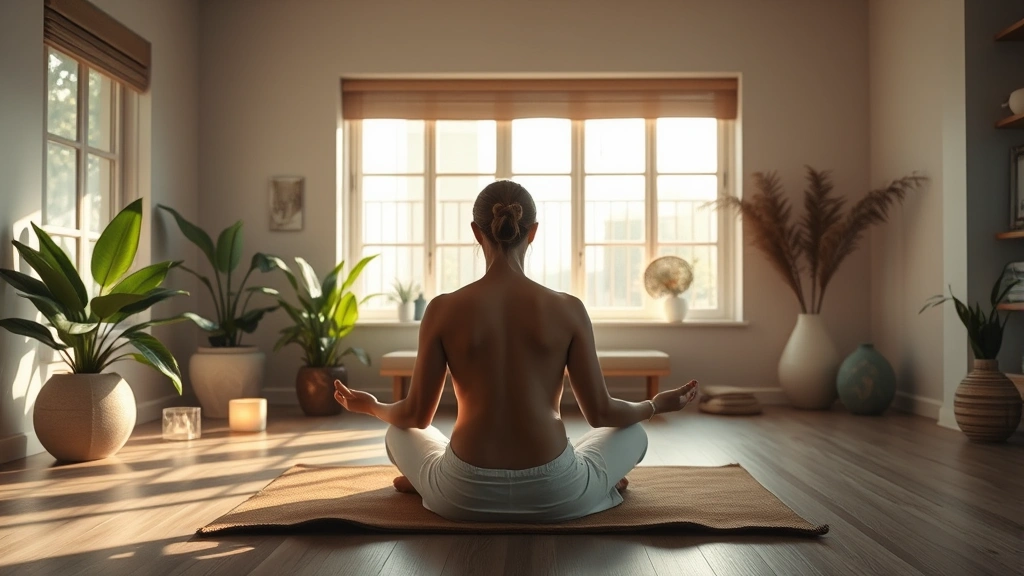 Peaceful meditation room with person in relaxed state after wellness treatment, soft natural lighting through windows, calming botanical elements, wellness center ambiance