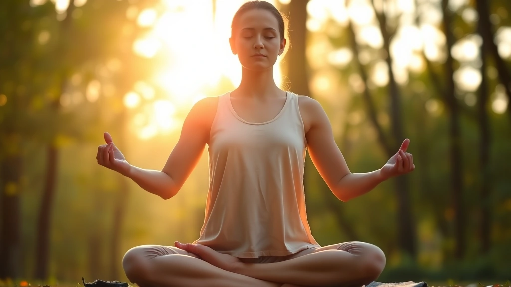 Person in serene meditation pose during sunrise, surrounded by soft golden light filtering through trees, hands resting on knees in peaceful mudra, wearing comfortable light-colored clothing, tranquil natural setting with blurred green foliage background
