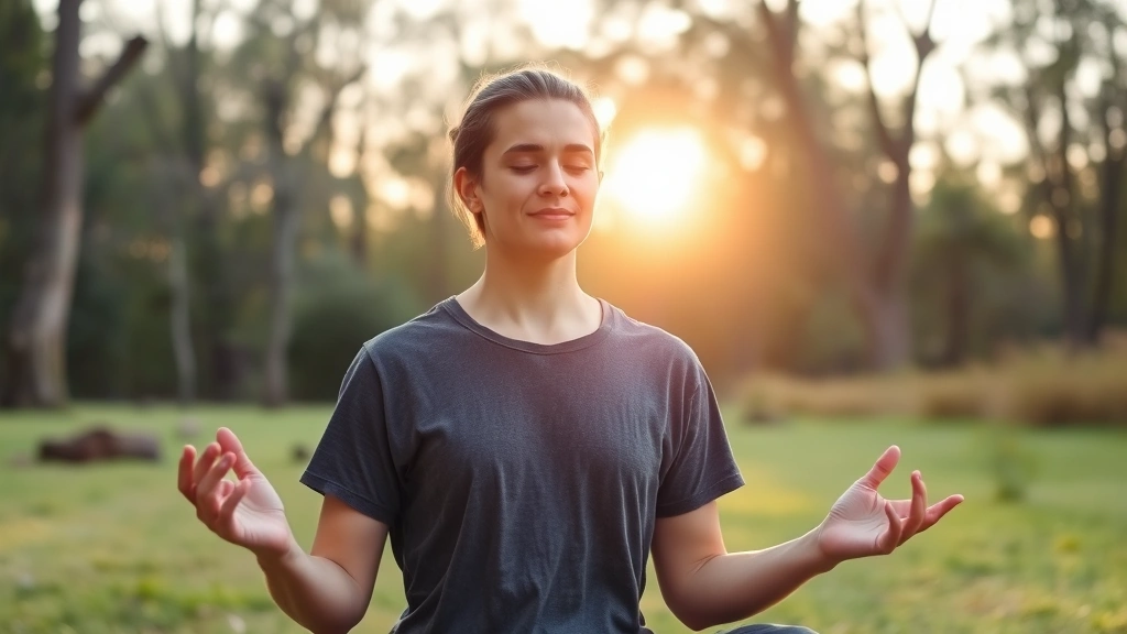 Person meditating outdoors in peaceful natural setting, sunrise light filtering through trees, serene expression, hands in mudra position, soft morning atmosphere