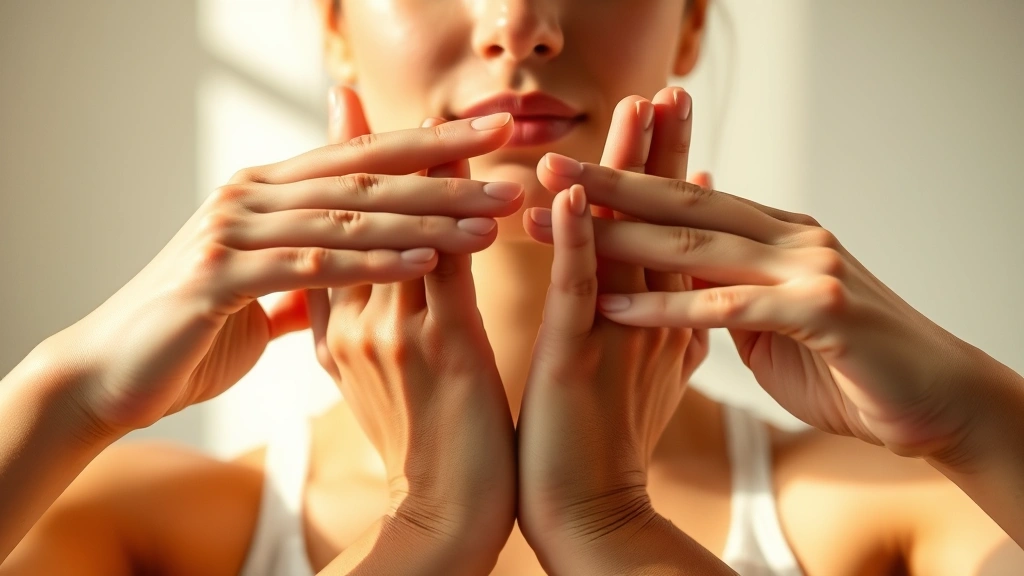 Close-up of hands performing gentle stretching exercise with mindful concentration, warm natural lighting illuminating relaxed facial expression, therapeutic environment with soft neutral tones, demonstrating body awareness and present-moment focus