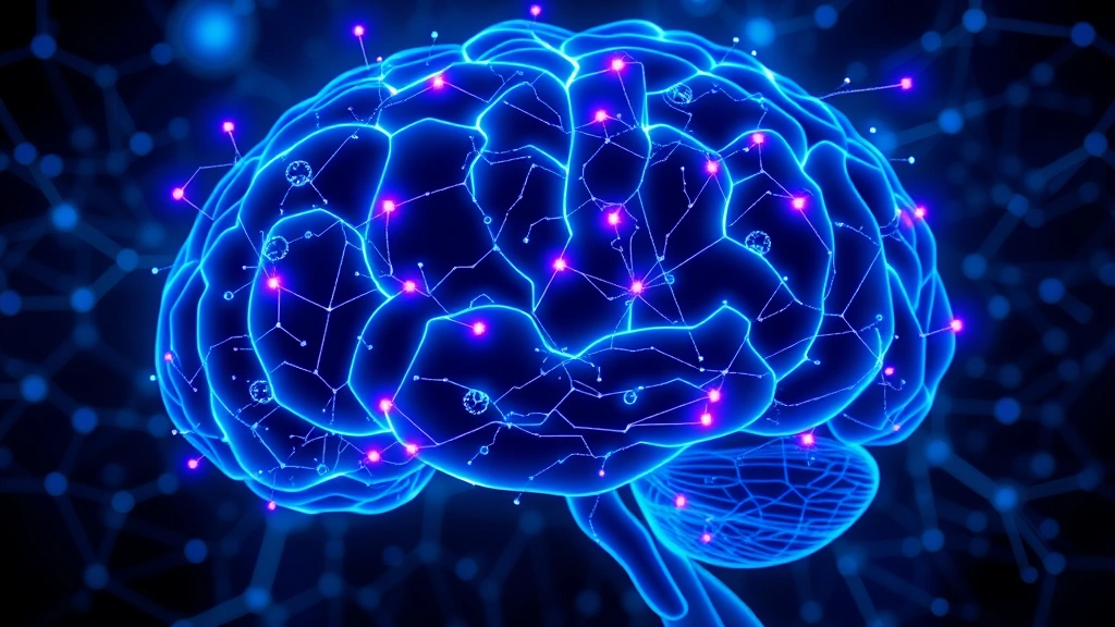 Brain visualization with glowing neural networks and synaptic connections, blue and purple luminescent pathways, abstract representation of mindfulness neuroplasticity