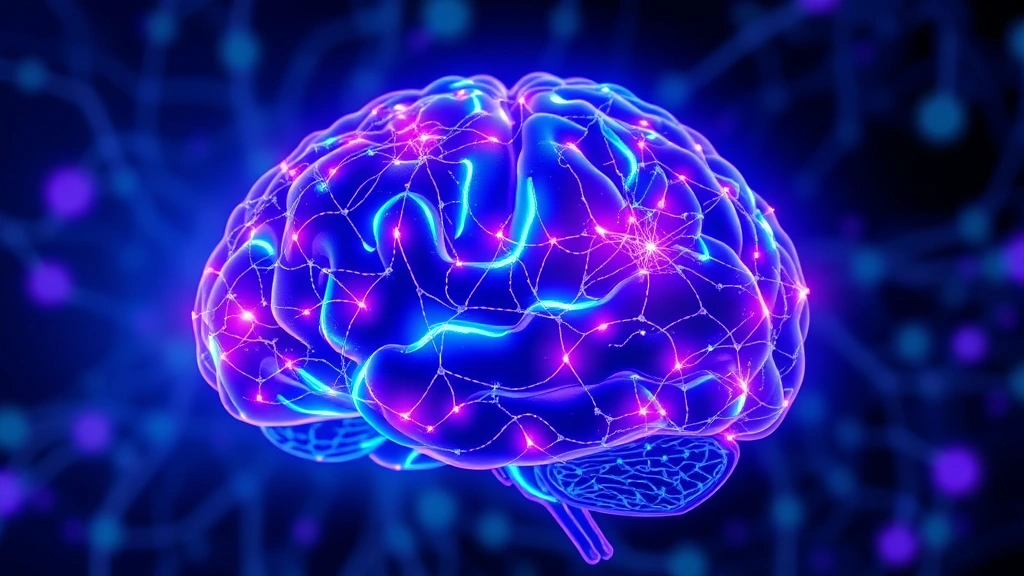 Brain visualization showing glowing neural pathways and synaptic connections in vibrant blues and purples, abstract representation of neuroplasticity and healing, scientific medical illustration style, no text or labels visible