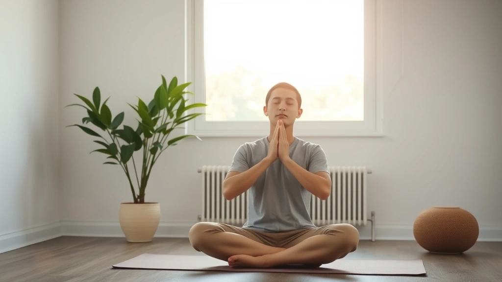 Individual performing mindful breathing exercise in modern minimalist room, calm posture, gentle natural lighting from window, peaceful interior environment
