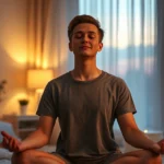 Person in peaceful meditation pose during twilight hour, soft warm lighting, serene bedroom environment, calm facial expression, mindful breathing practice, photorealistic, no text visible